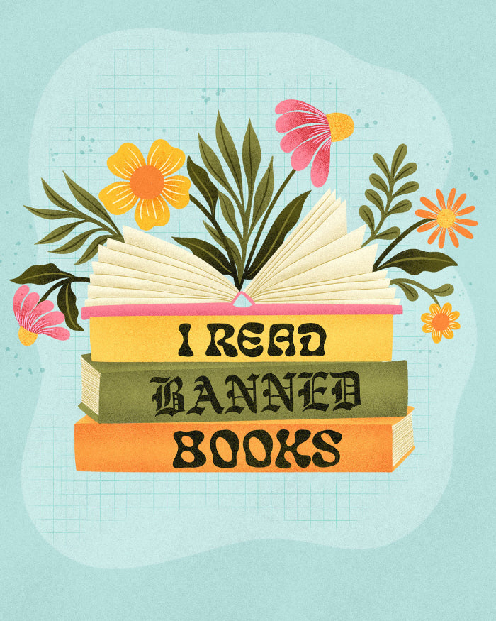 A pile of books that reads "I read banned books"