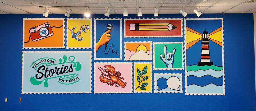 A portable mural installation at Rhode Island PBS and the Public's Radio