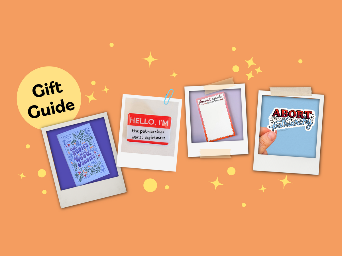 various feminist gifts on an orange background with text 