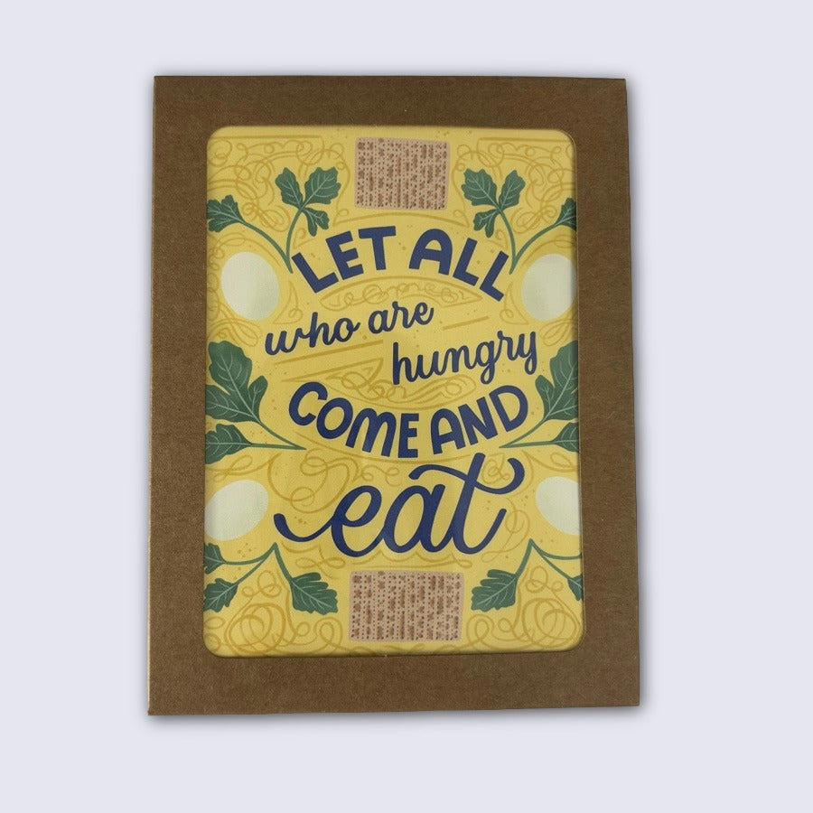Card with 'Let all who are hungry come and eat' text on a yellow background with green leaves.