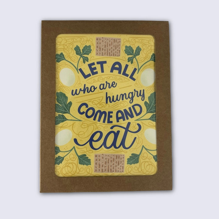 Card with 'Let all who are hungry come and eat' text on a yellow background with green leaves.