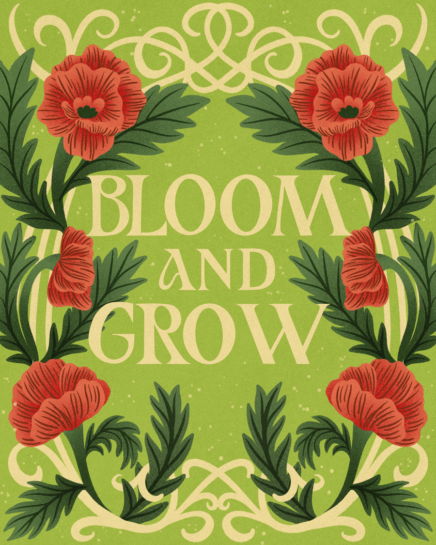 Decorative design with red flowers and green leaves on a green background with the text 'Bloom and Grow'.