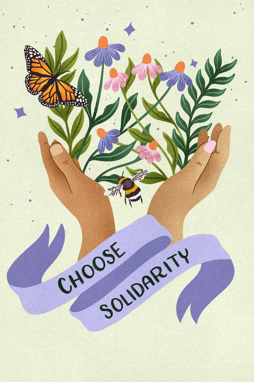 Illustration of hands holding flowers with a butterfly and bee, accompanied by a 'Choose Solidarity' banner on a light background.