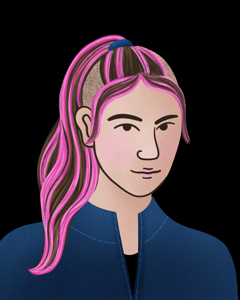 Illustration of a person with pink hair and a blue headband on a black background