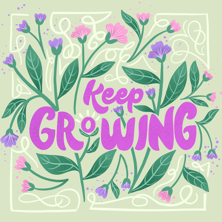 Decorative design with flowers and 'Keep Growing' text on a light green background