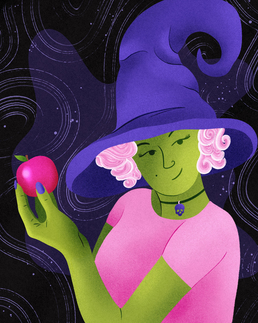 Illustration of a character with a purple hat and pink dress holding an apple against a dark background.
