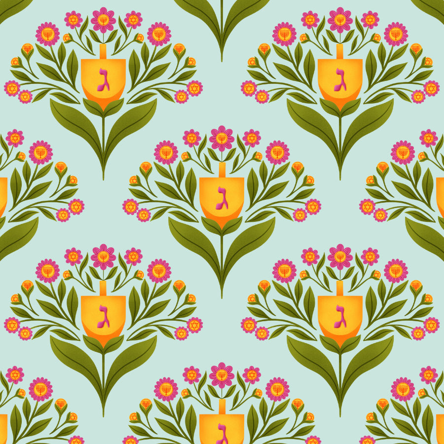 Pattern of colorful Hanukkah menorahs with flowers on a light blue background