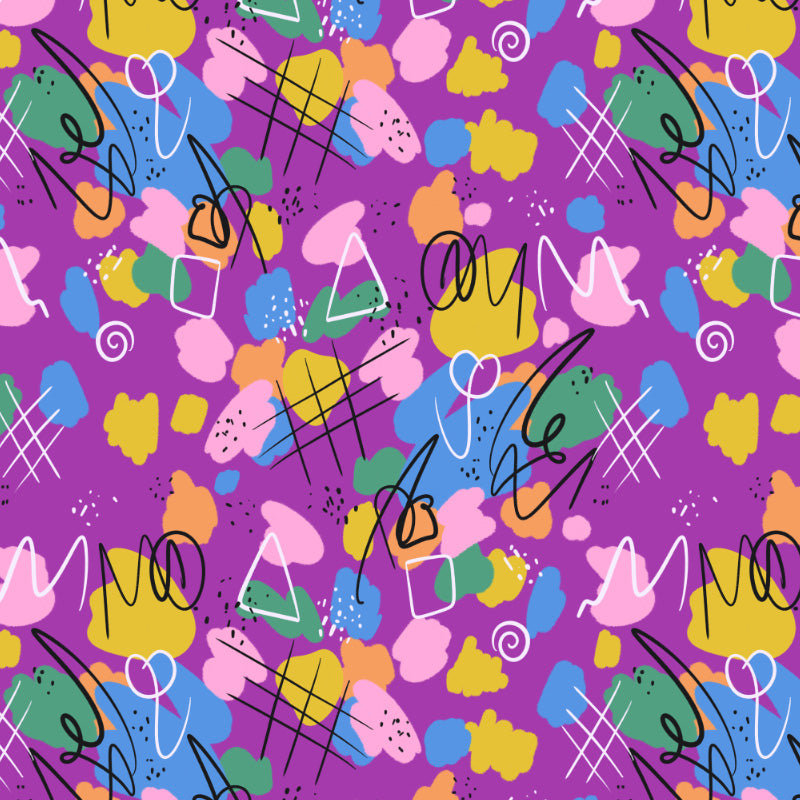 abstract pattern with color splashes and doodles on a bright magenta background
