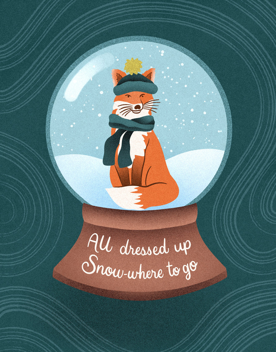 Illustration of a fox in a snow globe with text on a teal background