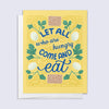Yellow card with blue text 'Let all who are hungry come and eat' featuring illustrations of matza, boiled eggs, and parsley 