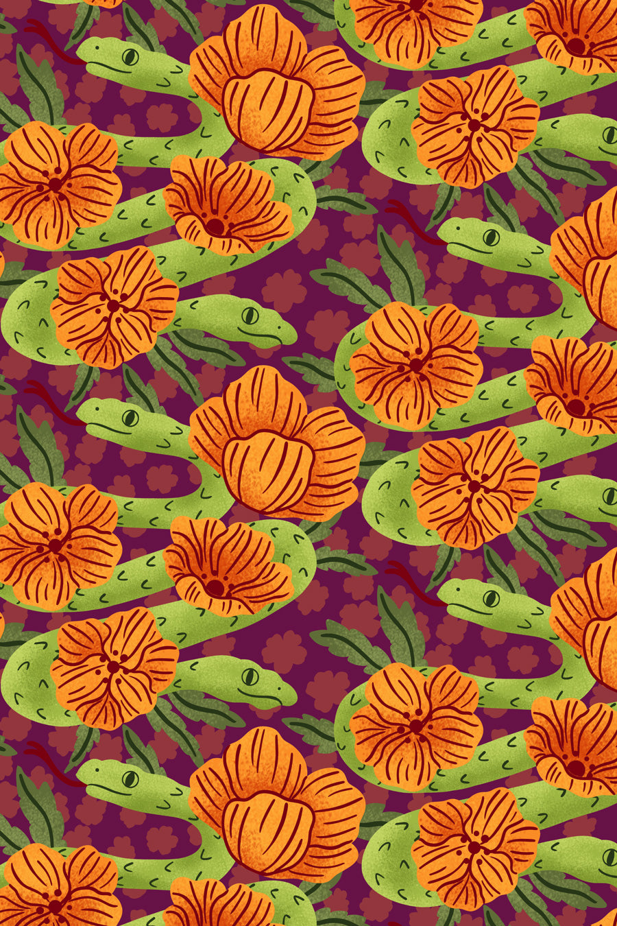 Pattern of orange flowers and green two headed snakes on a purple background