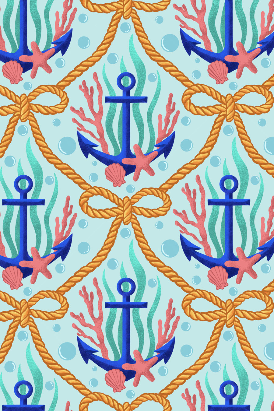 Pattern with blue anchors, orange ropes, and pink starfish on a light blue background.