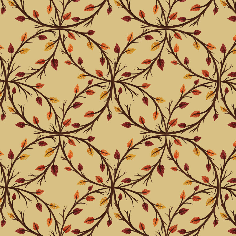 geometric pattern of intertwining branches with autumn leaves on a tan background
