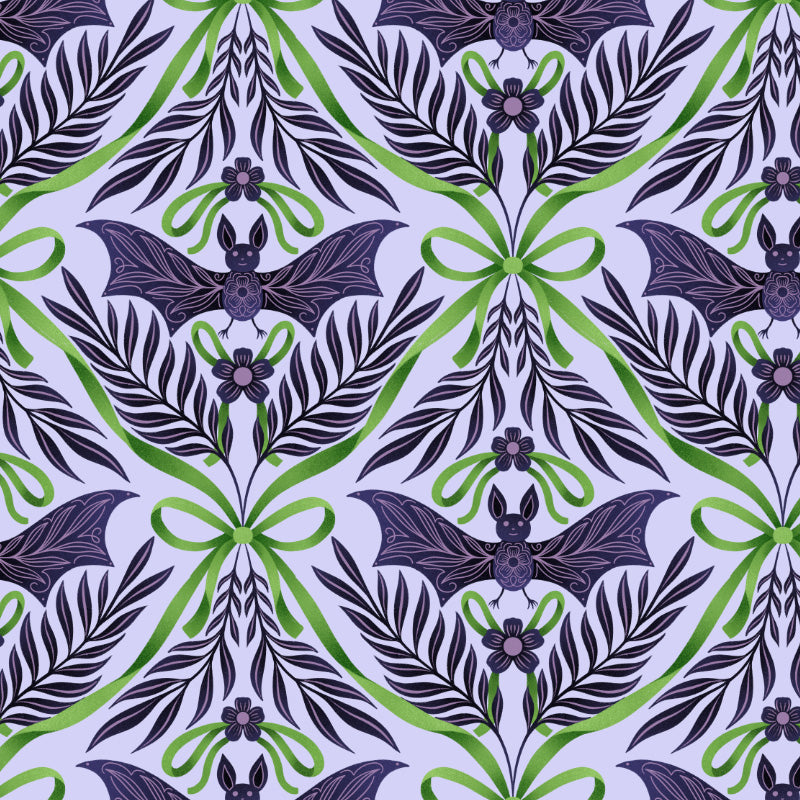 pattern of purple bats and green bows on a light purple background