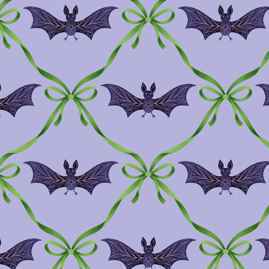 Pattern of purple bats and green ribbons on a light purple background
