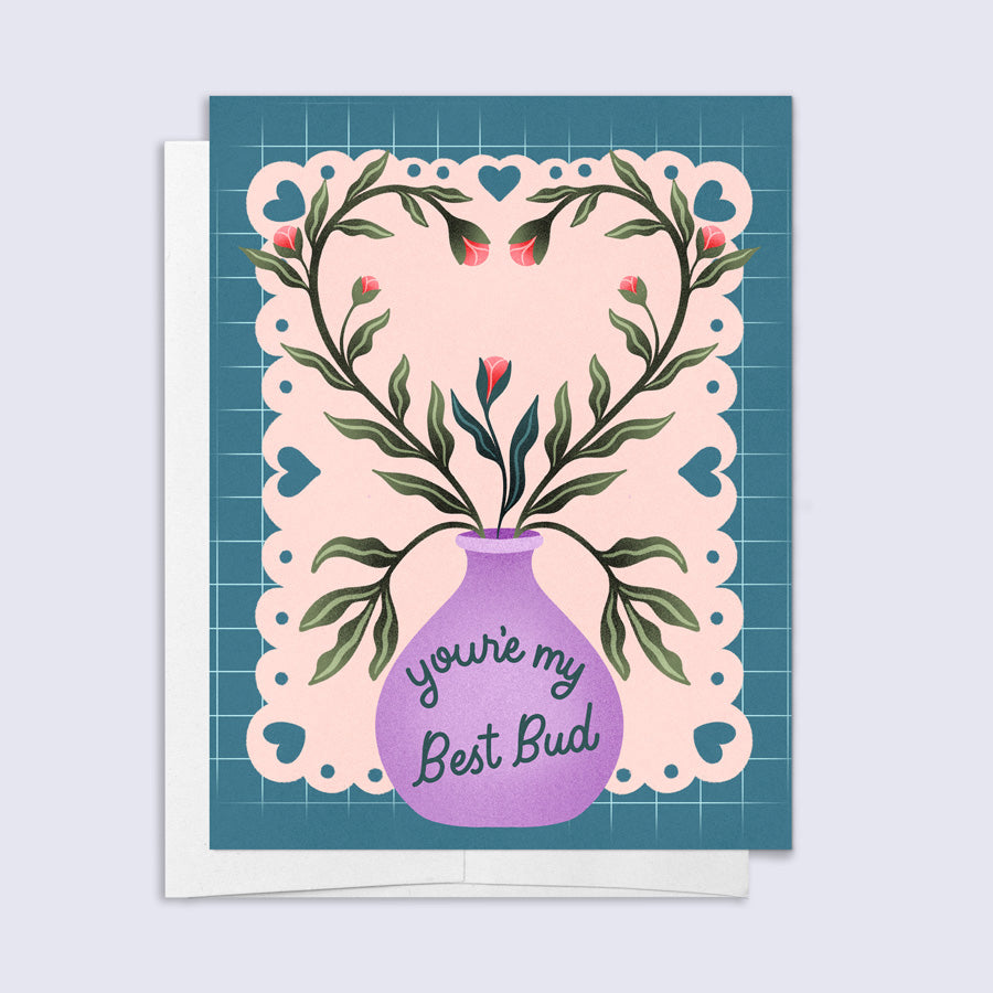 Greeting card with floral design and 'you're my best bud' text on a blue grid background