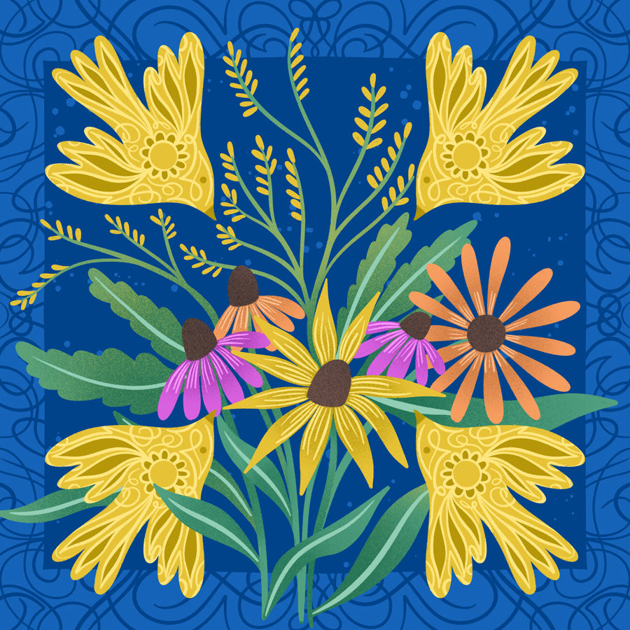 Colorful floral arrangement with yellow, purple, and orange flowers on a blue background