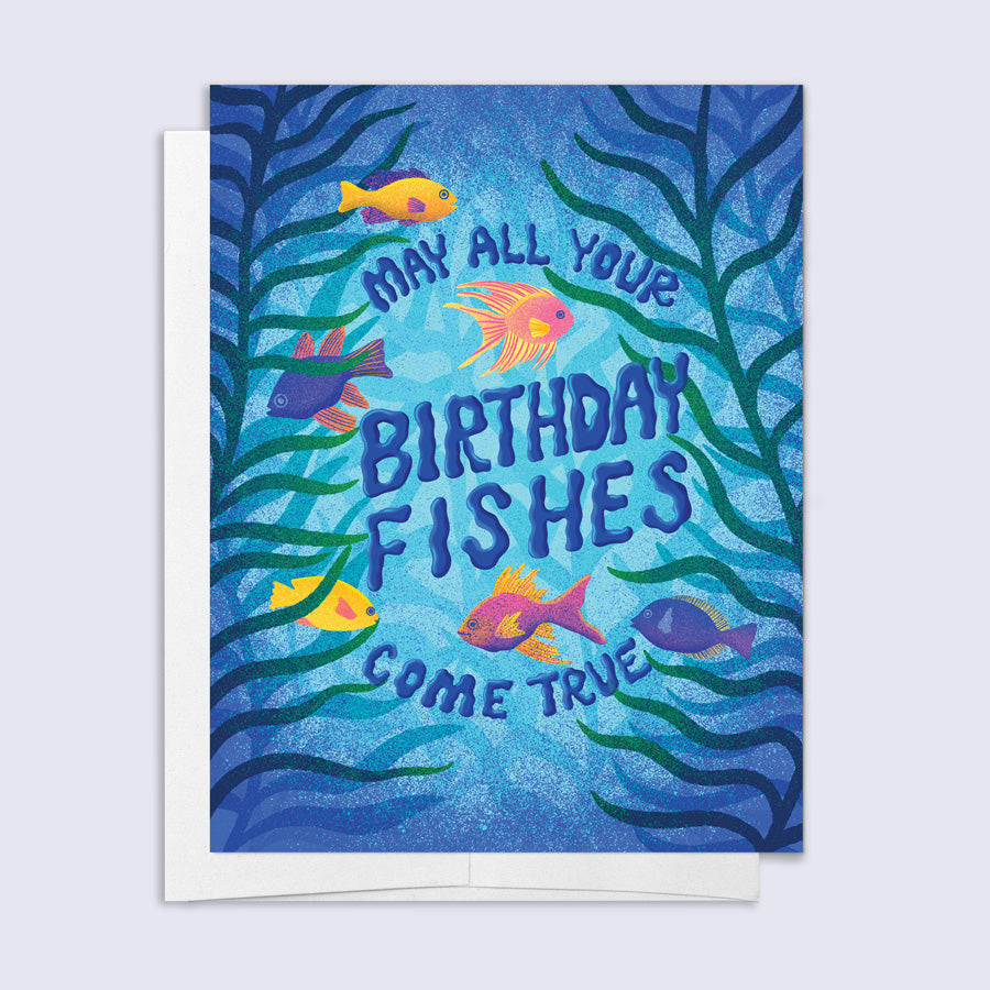 Greeting card with colorful fish illustrations and underwater design on a blue background "may all your fishes come true"