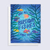 Greeting card with colorful fish illustrations and underwater design on a blue background "may all your fishes come true"