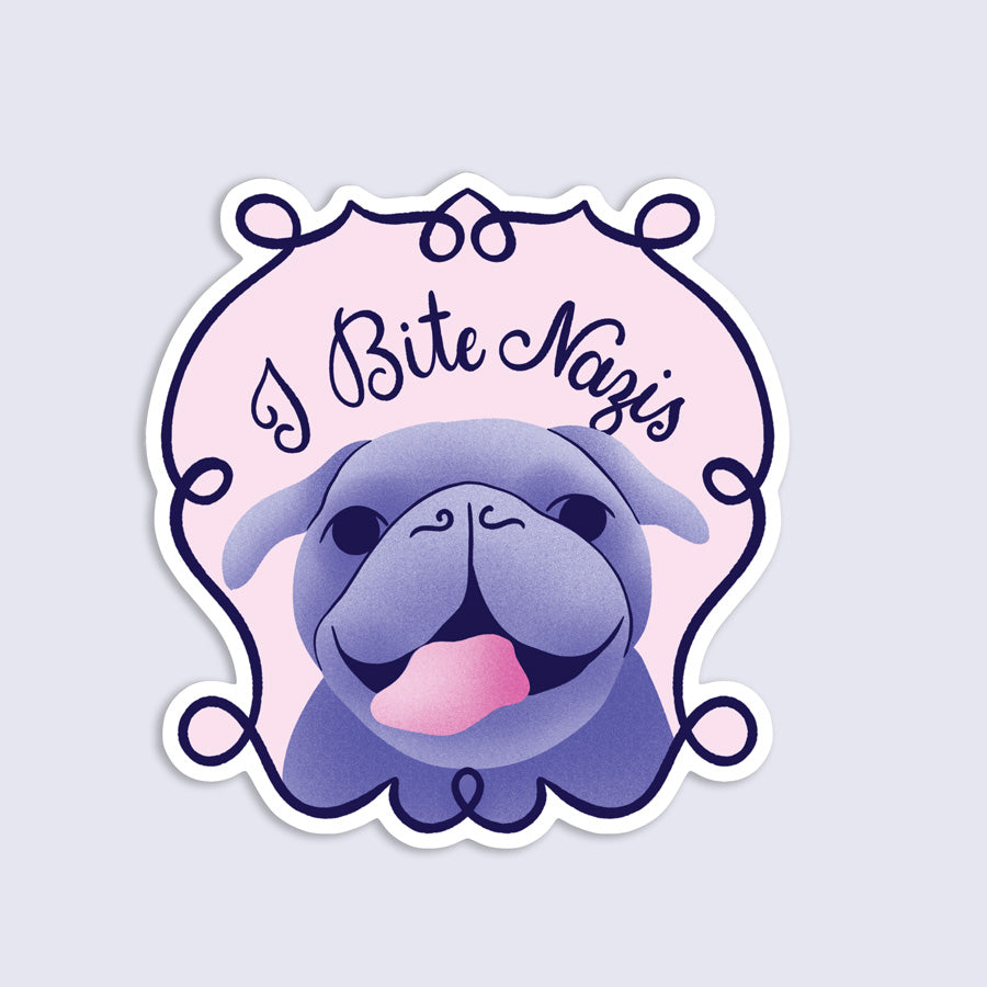 Sticker with a cartoon pug dog and text 'I Bite Nazis' on a light purple background