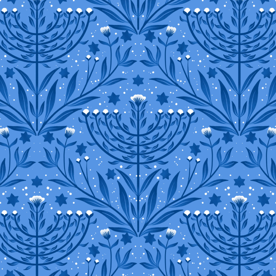Blue floral and star pattern on a blue background