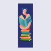 bookmark featuring an Illustration of a pink worm reading a book titled 'Book Worm' on a stack of books with a blue background.