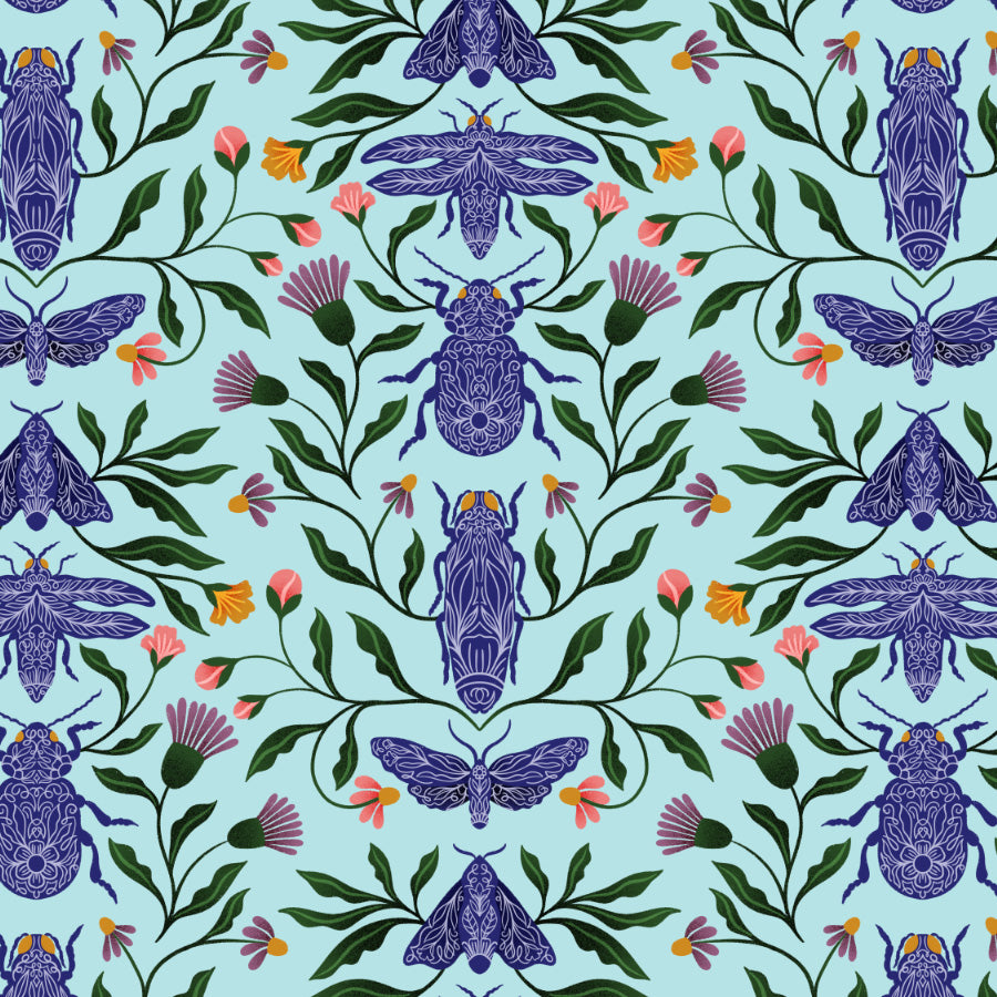 Pattern of beetles, flowers, and leaves on a blue background