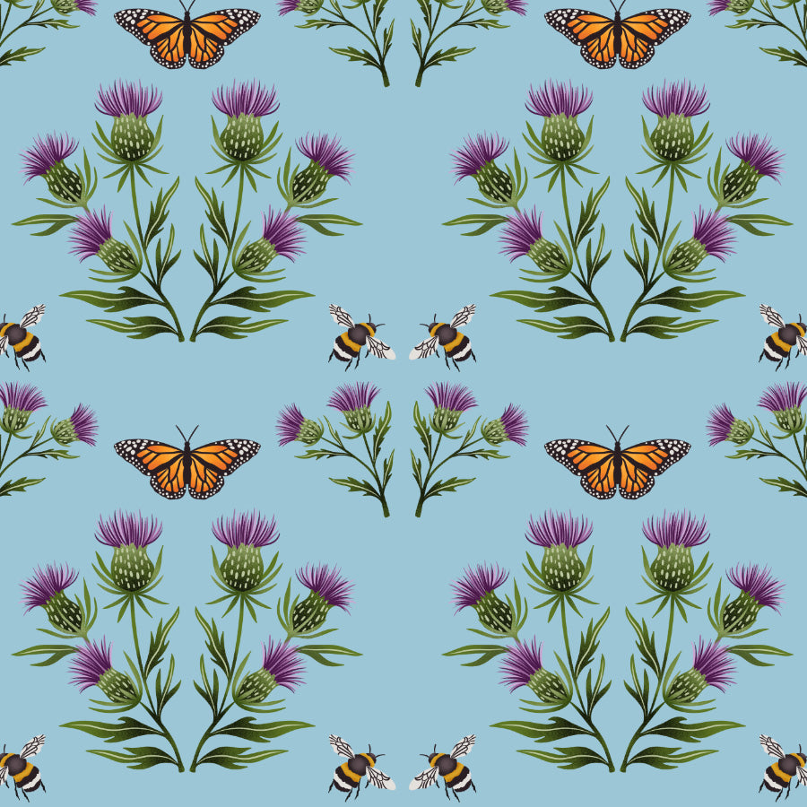 Pattern of thistle flowers, butterflies, and bees on a blue background