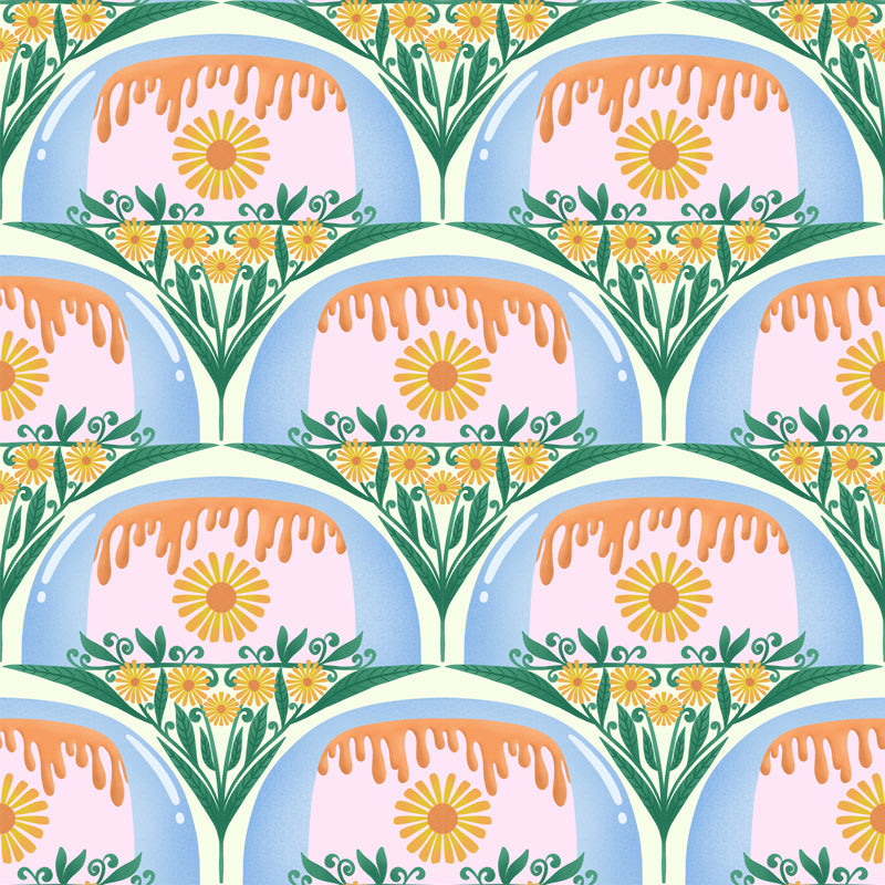 Patterned design of a cake stand with cakes and flowers