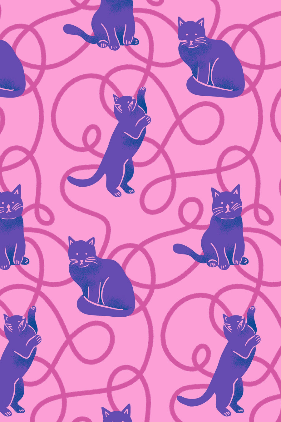 Pattern of purple cats on a pink background