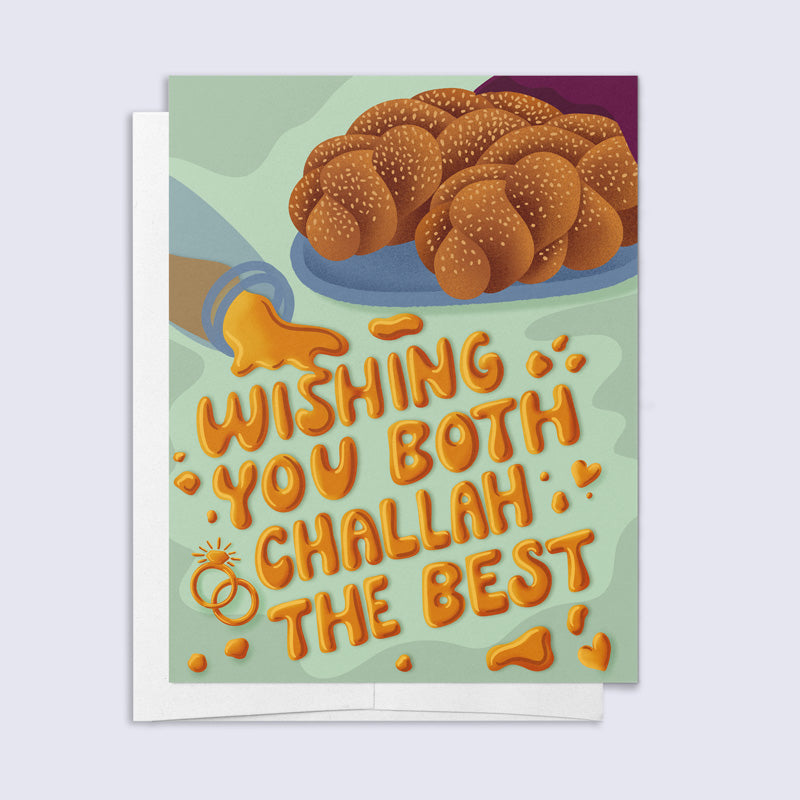 Card with challah bread illustration and text that looks like it is made of dripping honey 'Wishing you both challah the best' 