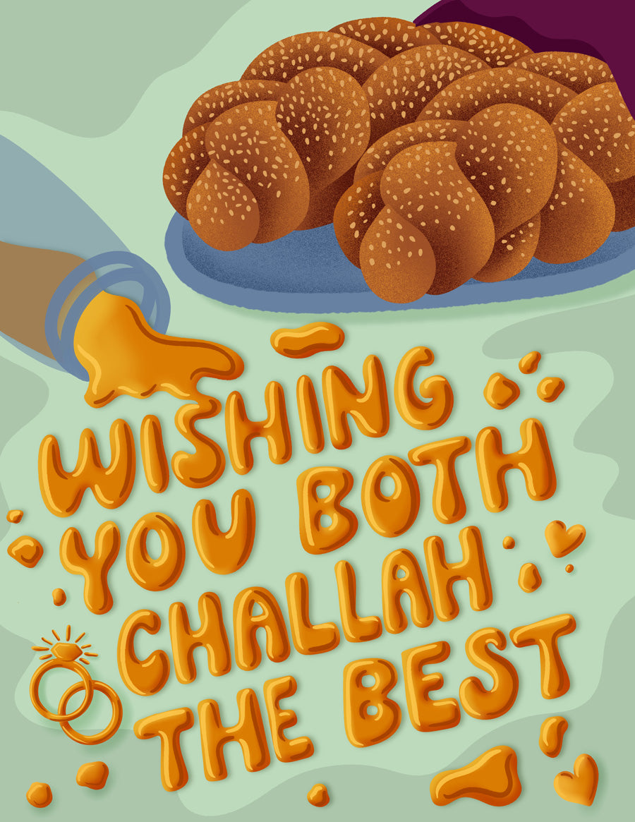 Illustration of challah bread with a hand holding it, accompanied by text 'Wishing you both Challah the best' on a light green background.