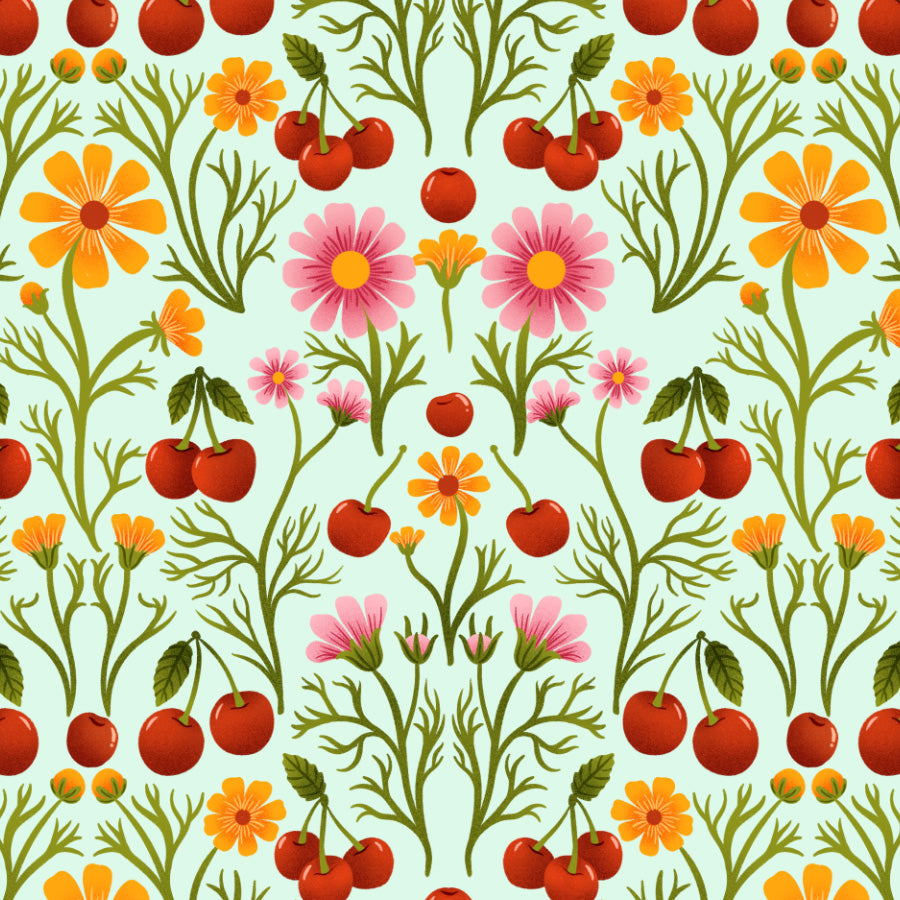Pattern of cherries and flowers on a light blue background