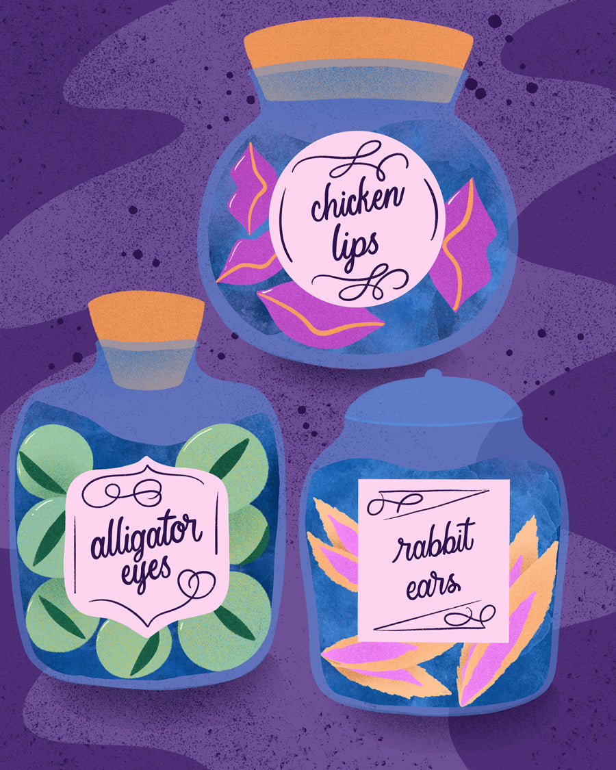 Three blue jars with colorful labels on a purple background