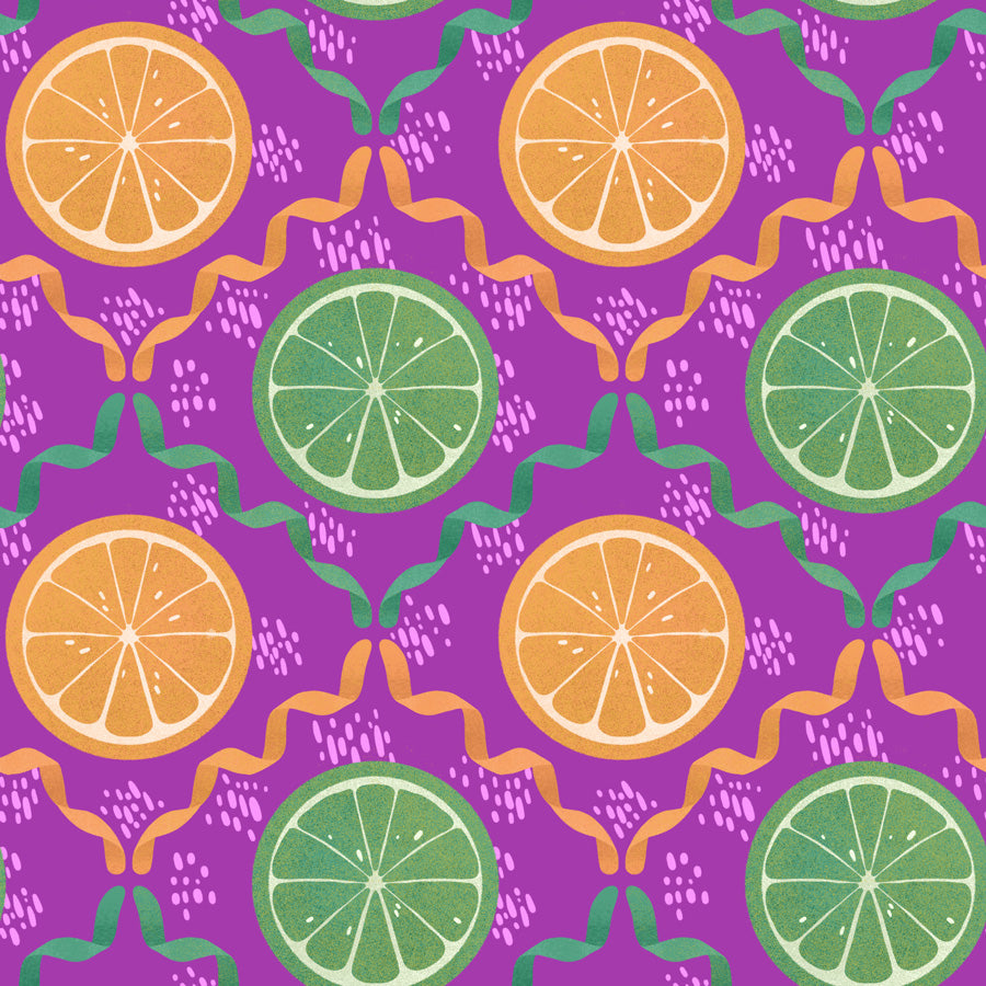 Pattern of orange and lime slices on a purple background with decorative elements.