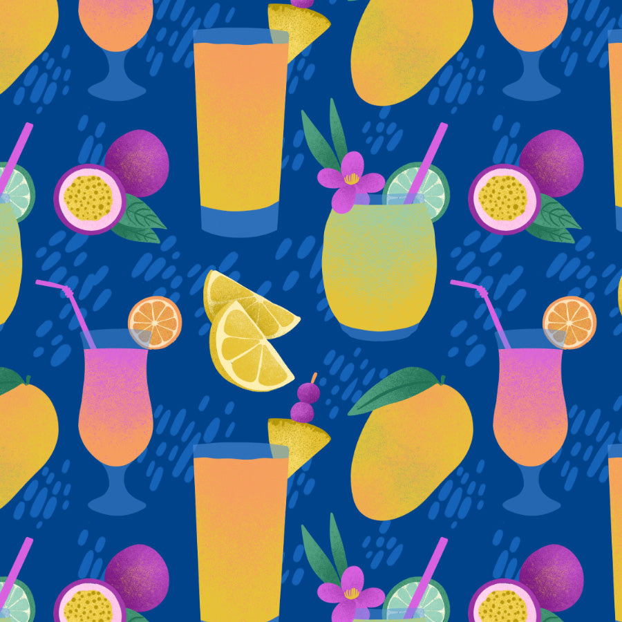 Pattern of colorful cocktails, fruits, and straws on a blue background