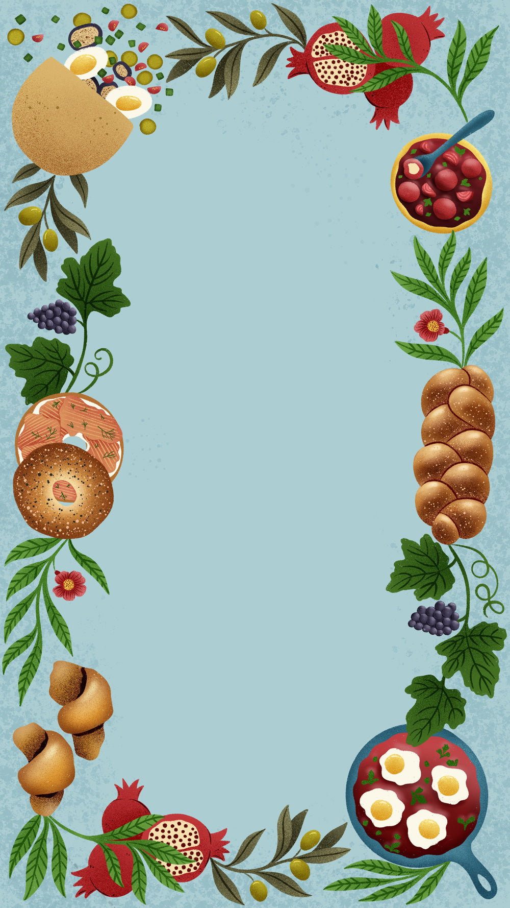 Decorative border with bread, pomegranates, and eggs on a light blue background