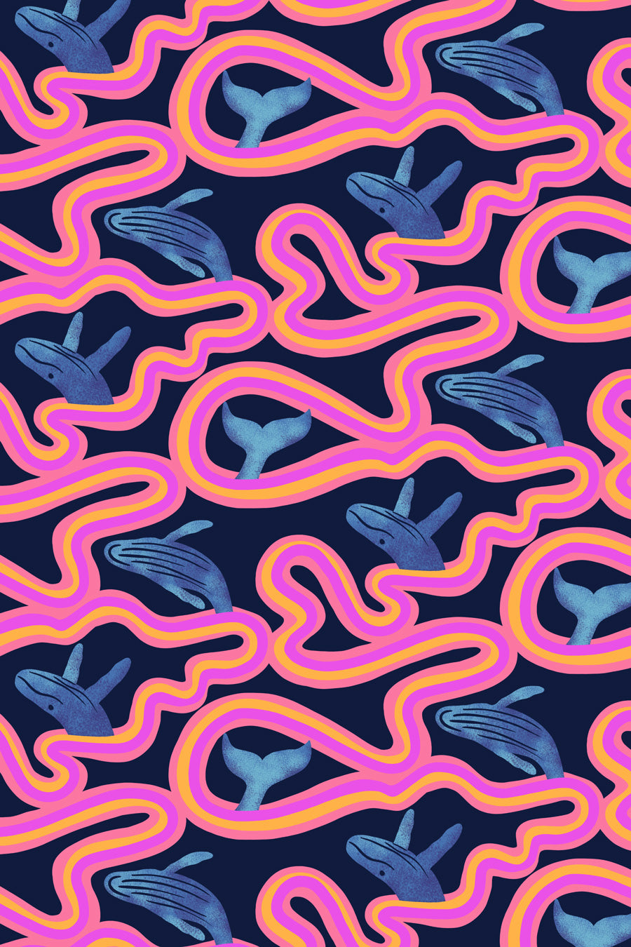 Pattern of whale tails with pink and orange outlines on a dark blue background