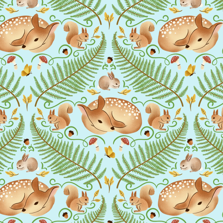 Pattern of deer, squirrels, and rabbits among ferns and leaves on a light blue background.