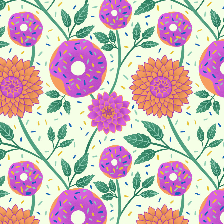 Pattern of donuts and flowers with colorful sprinkles on a white background