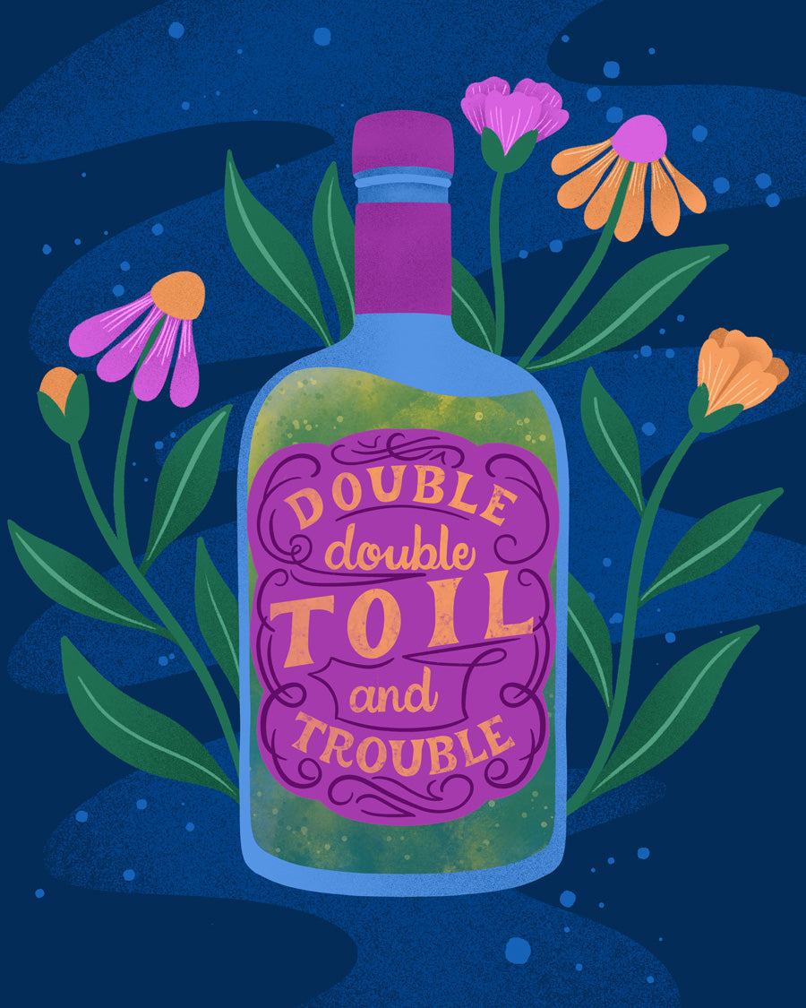 Bottle labeled 'Double double toil and trouble' with flowers on a dark blue background
