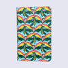 a small notebook with rounded corners featuring a pattern of dragons, rainbows, and clouds