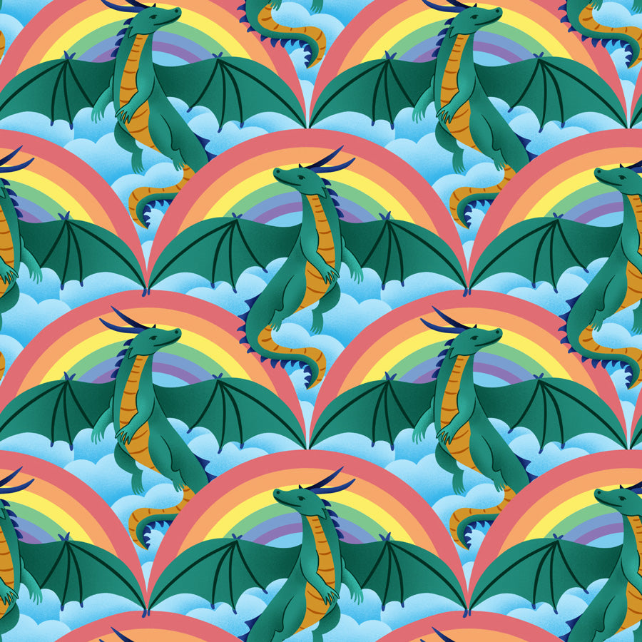 Pattern of green dragons and rainbows on a blue background