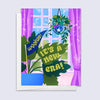 greeting card with an illustration of a disco ball hanging in front of an open window with a monstera plant and text "woohoo! it's a new era!"