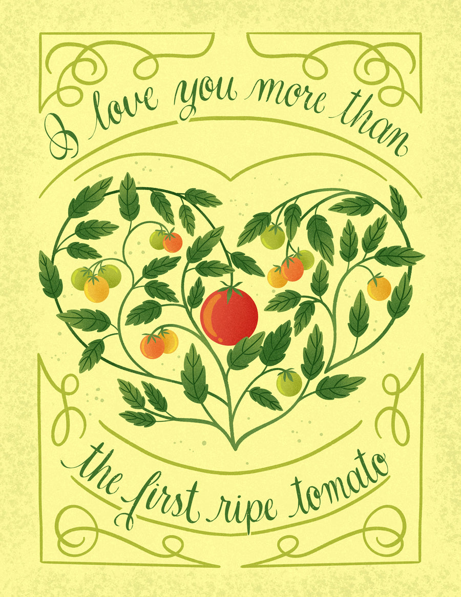 Heart-shaped design of tomatoes and leaves with text on a light green background with calligraphy 