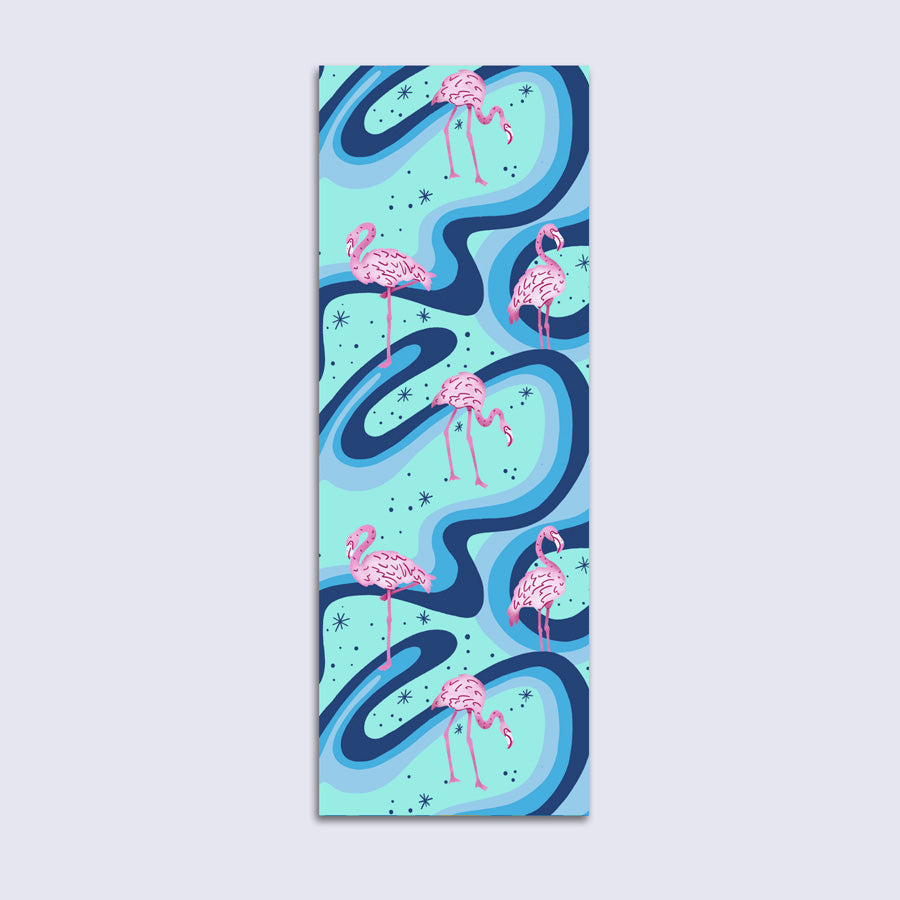 bookmark with illustration of pink flamingos amid colorful swirling waves
