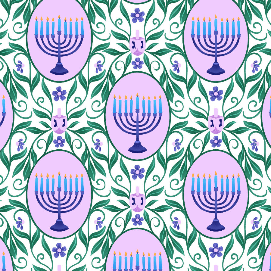 Pattern of Menorahs and floral elements on a green and purple background
