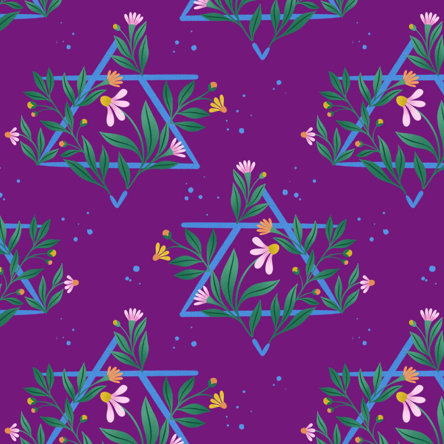 Pattern of blue triangles with green leaves and pink flowers on a purple background