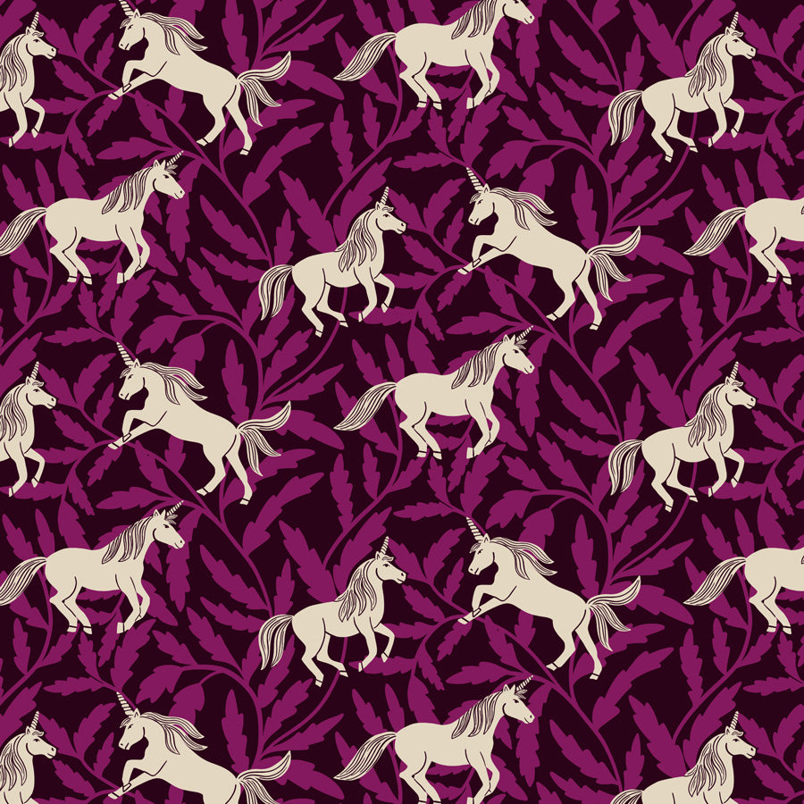 Unicorn pattern on a purple leaf background