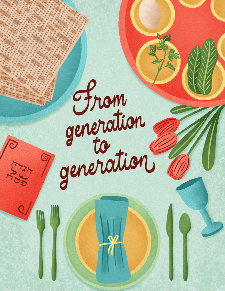 Illustration of Passover Seder elements with text 'From generation to generation' on a light blue background.